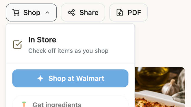 Shopping list shop options: Walmart, Instacart, share, and copy