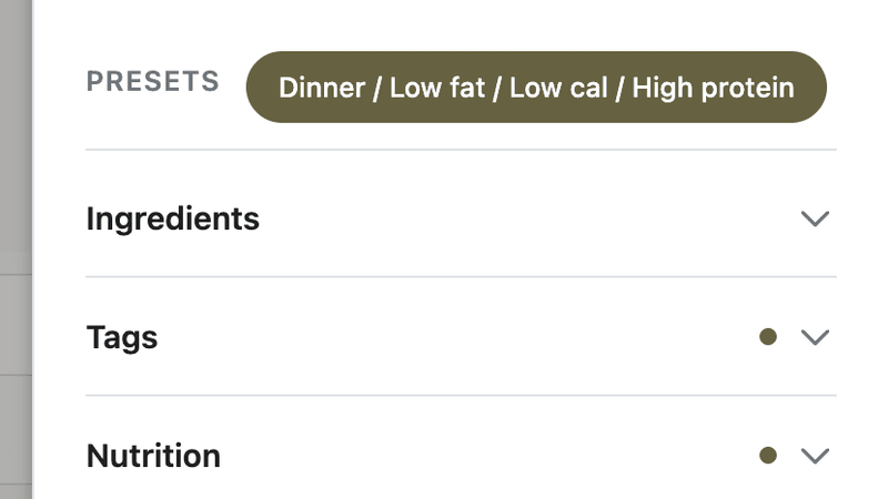 Saved filter presets: curate recipe discovery for members